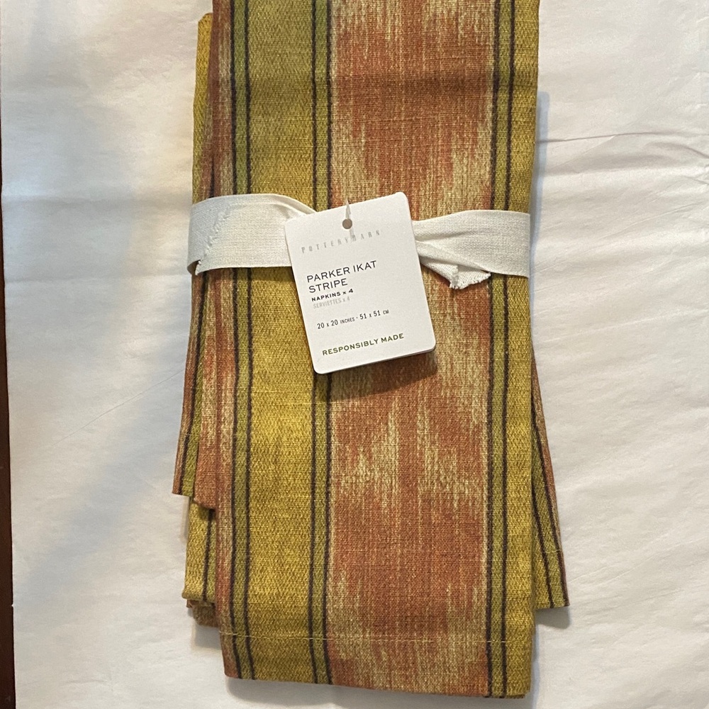 Pottery Barn Parker Ikat Stripe Napkins - Set of 4, Yellow, Green & Rust  NWT